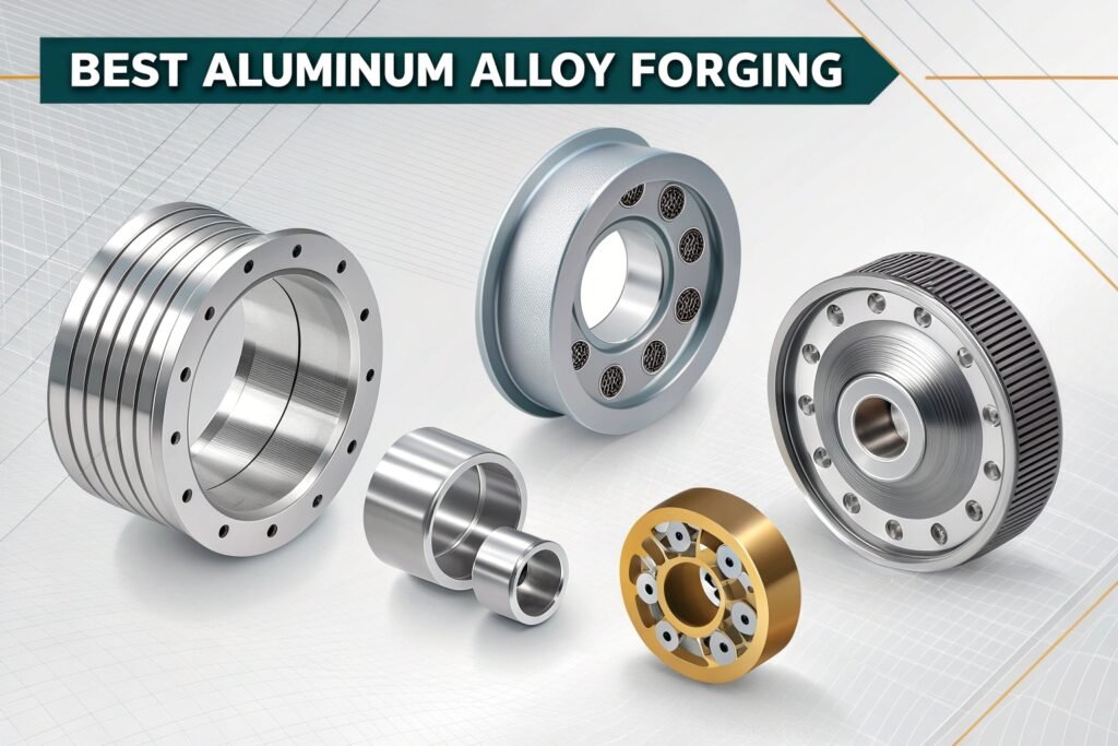 A visual comparison chart showing different aluminum alloy series suitable for forging, with icons representing their key strengths.